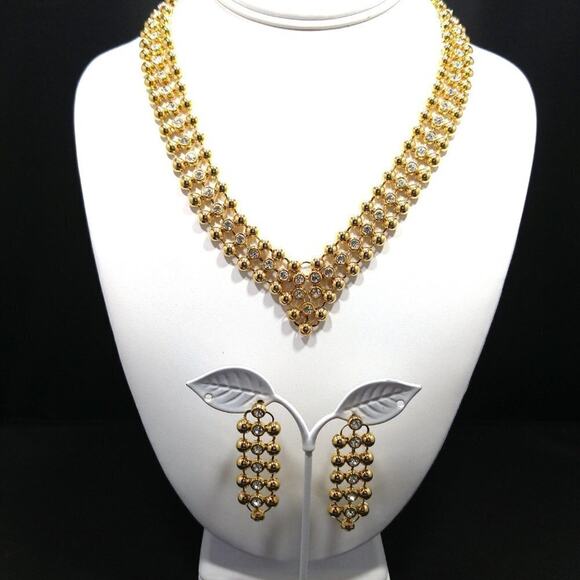 Rhinestone Choker Necklace Post Earrings Set, Light Weight Gold Tone, 18 Inches - Picture 2 of 7